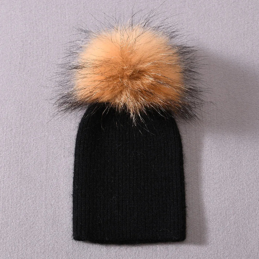Newborn Winter Warm Cashmere Hat with Real Raccoon Fur Pom-Pom