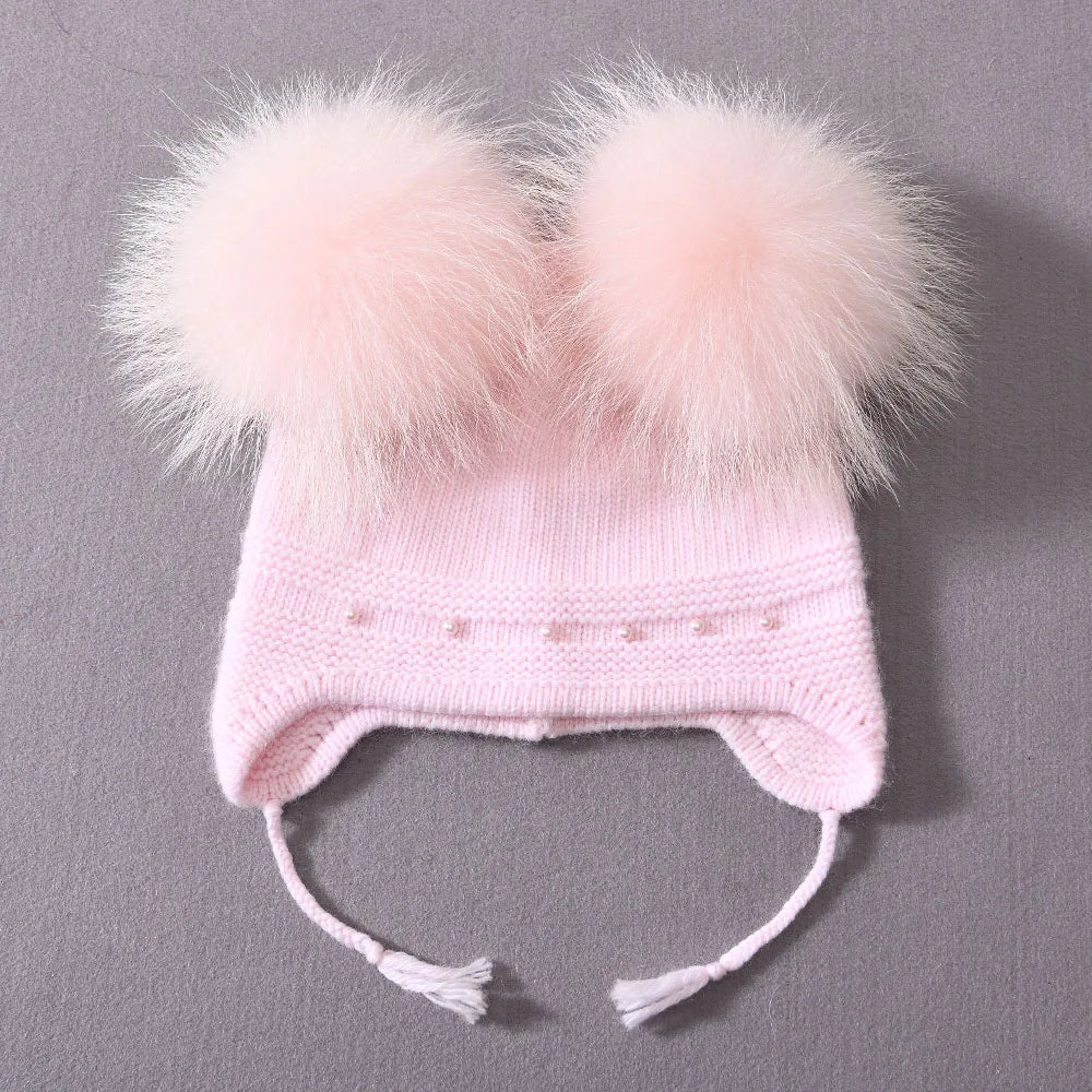 Winter Warm Cashmere with Raccon Pom-pom's and Pearl Edged Hat