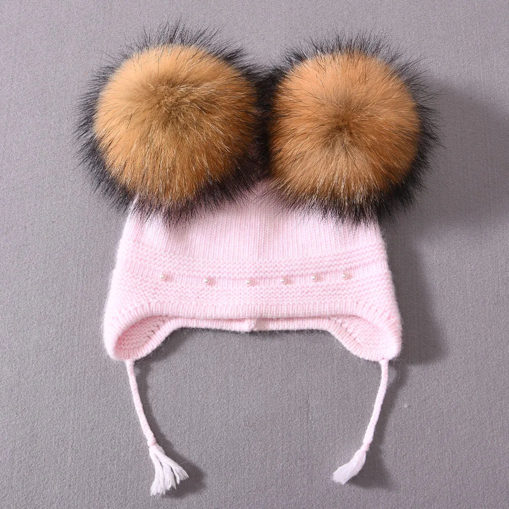 Winter Warm Cashmere with Raccon Pom-pom's and Pearl Edged Hat
