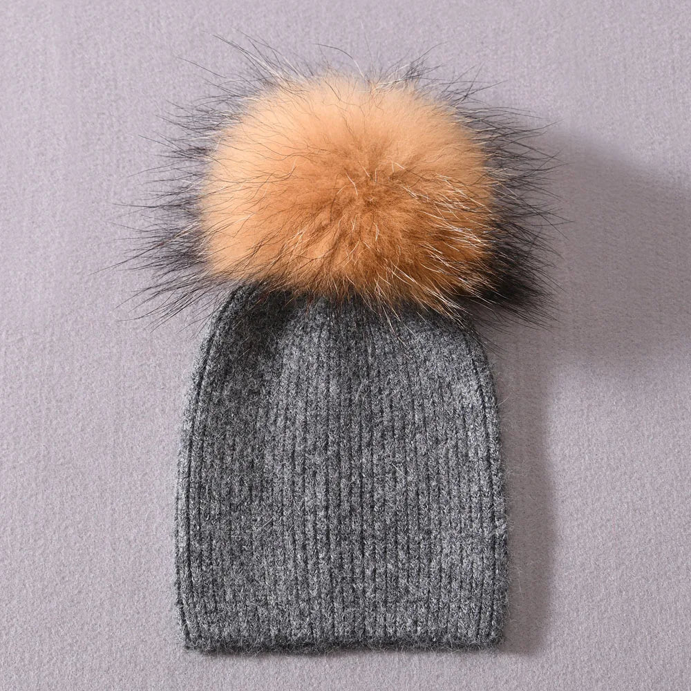 Newborn Winter Warm Cashmere Hat with Real Raccoon Fur Pom-Pom