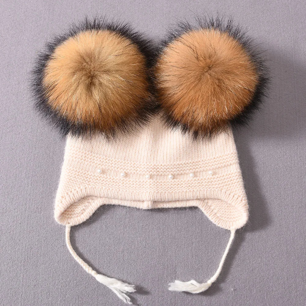 Winter Warm Cashmere with Raccon Pom-pom's and Pearl Edged Hat