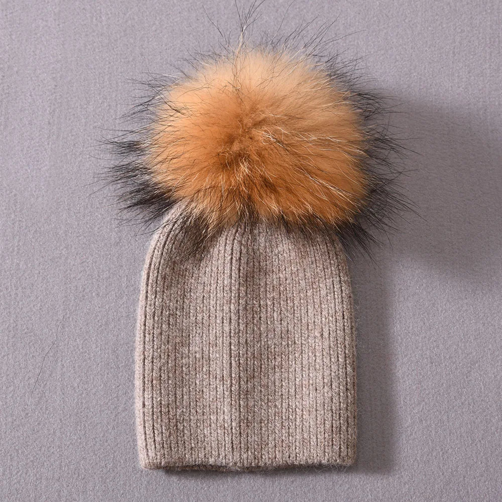 Newborn Winter Warm Cashmere Hat with Real Raccoon Fur Pom-Pom