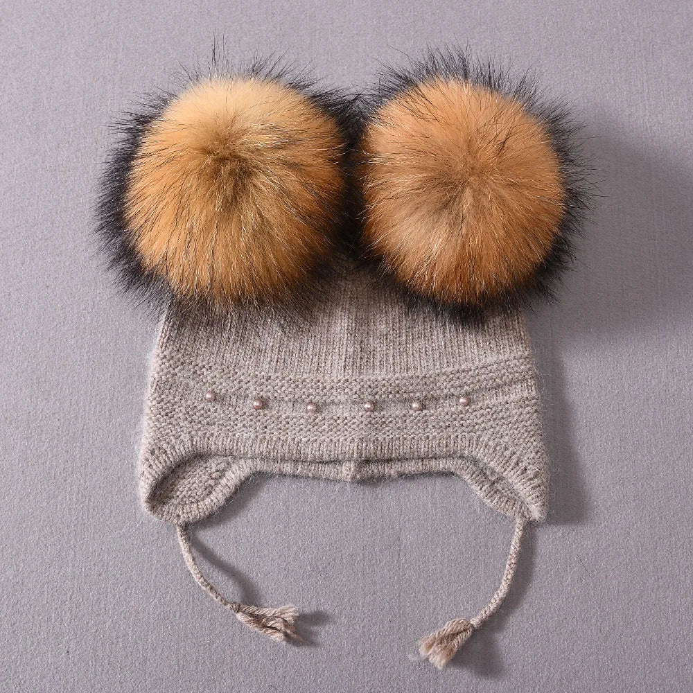 Winter Warm Cashmere with Raccon Pom-pom's and Pearl Edged Hat