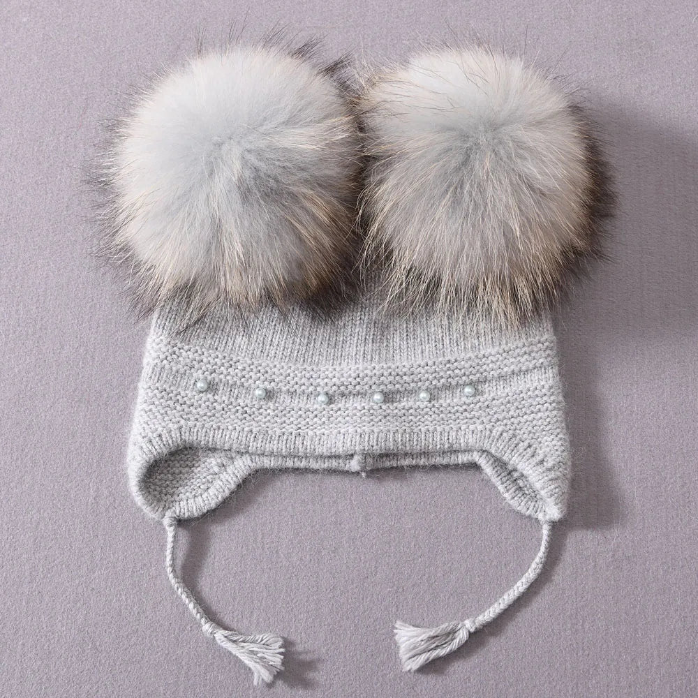 Winter Warm Cashmere with Raccon Pom-pom's and Pearl Edged Hat