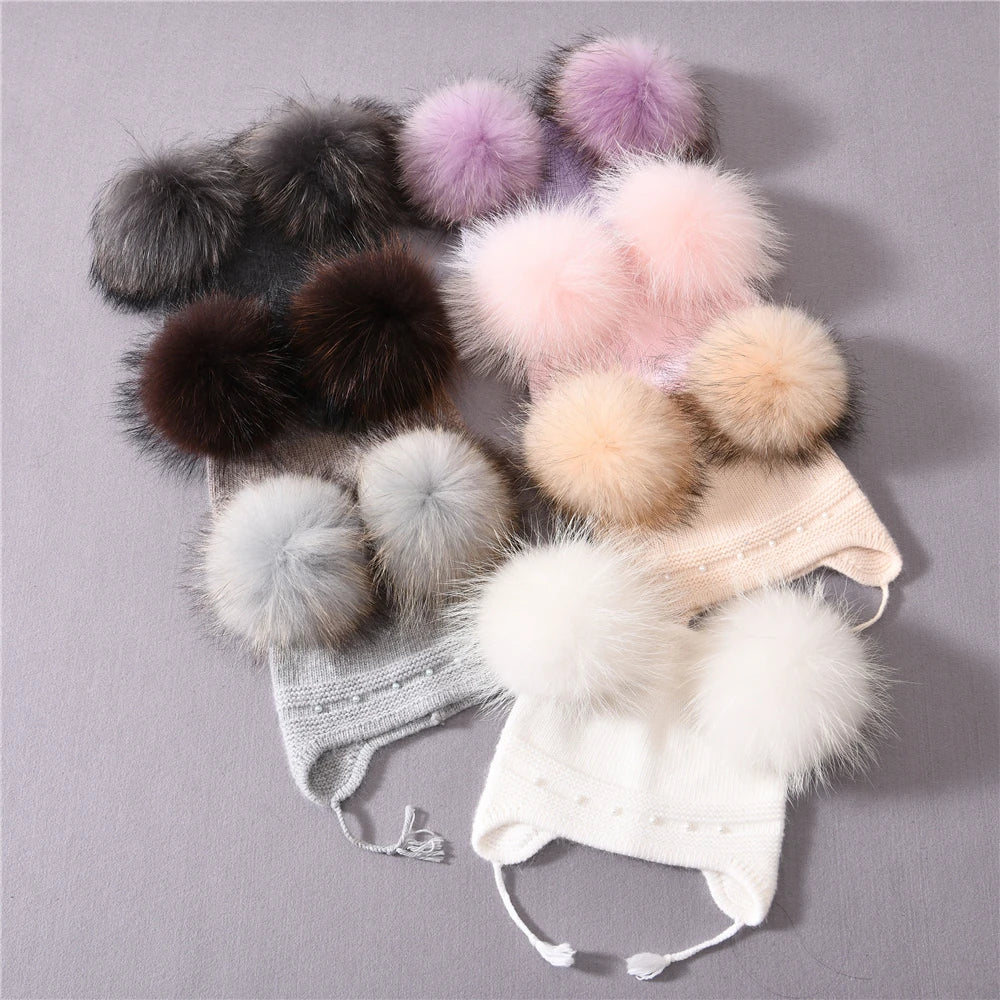 Winter Warm Cashmere with Raccon Pom-pom's and Pearl Edged Hat