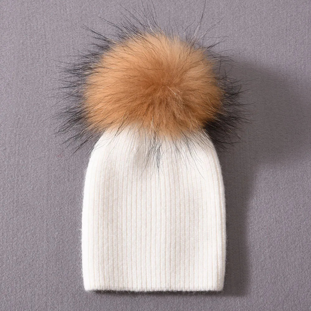 Newborn Winter Warm Cashmere Hat with Real Raccoon Fur Pom-Pom