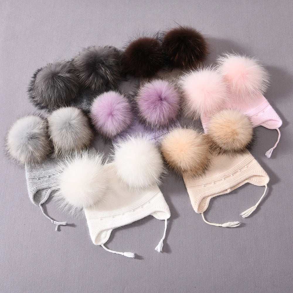 Winter Warm Cashmere with Raccon Pom-pom's and Pearl Edged Hat
