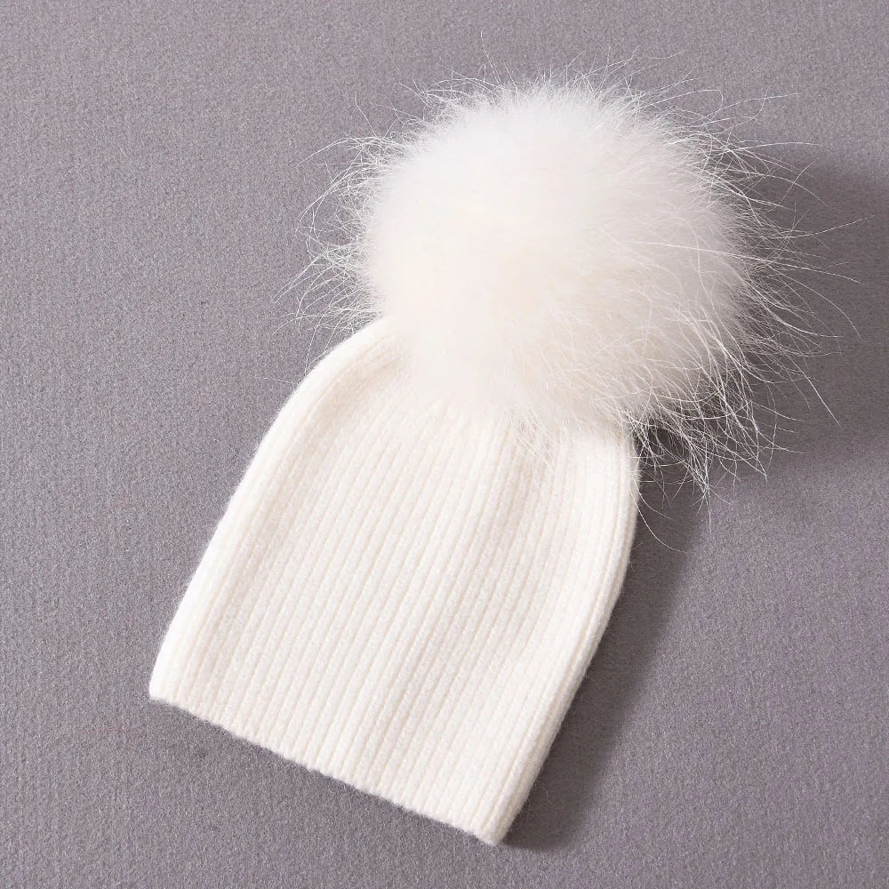 Newborn Winter Warm Cashmere Hat with Real Raccoon Fur Pom-Pom