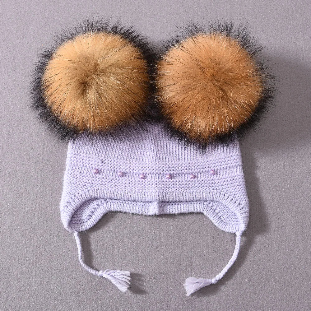 Winter Warm Cashmere with Raccon Pom-pom's and Pearl Edged Hat