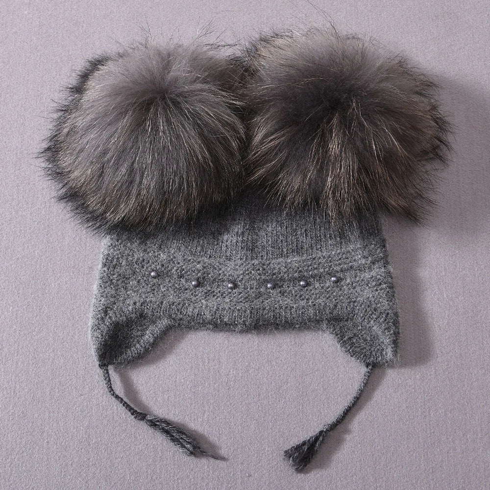 Winter Warm Cashmere with Raccon Pom-pom's and Pearl Edged Hat