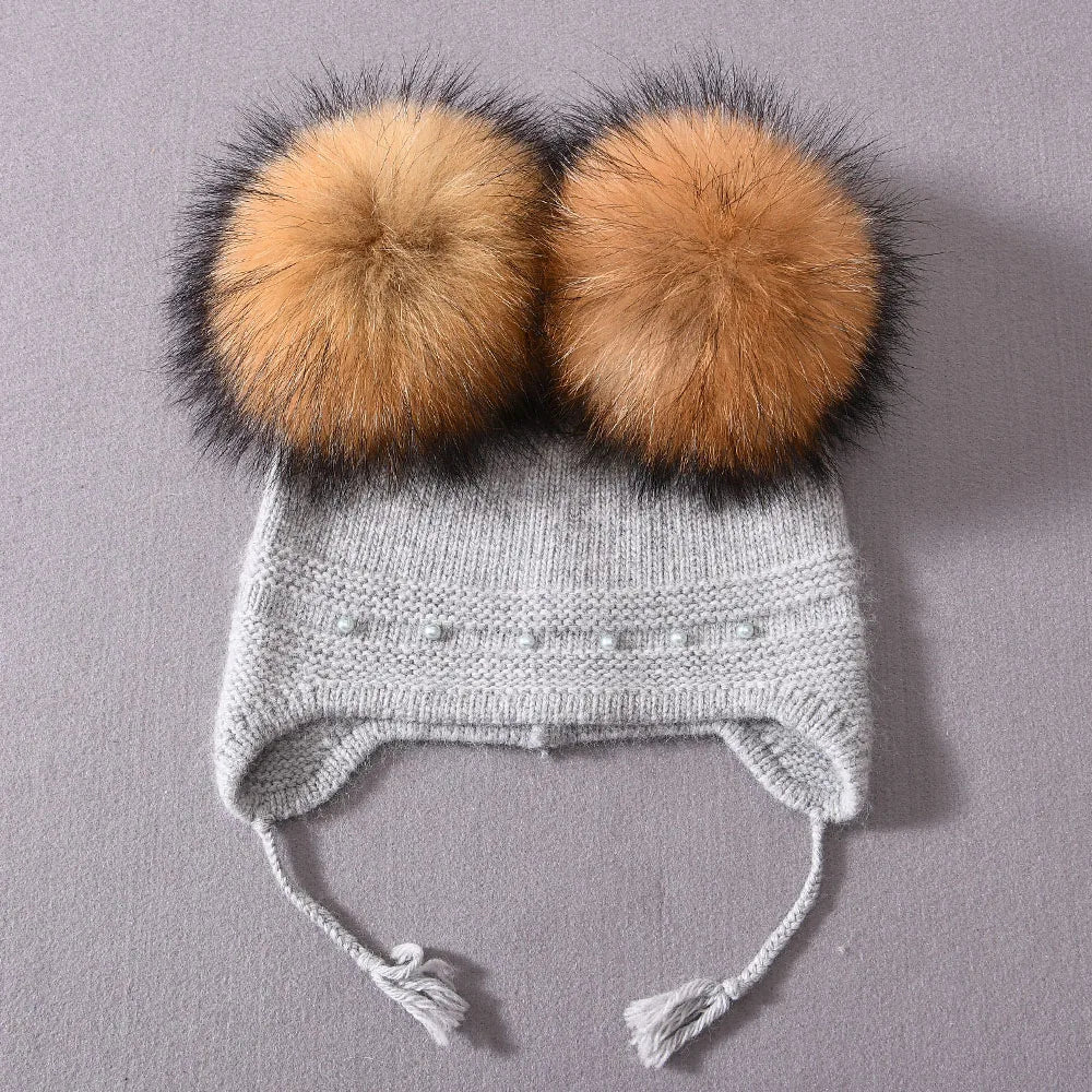 Winter Warm Cashmere with Raccon Pom-pom's and Pearl Edged Hat