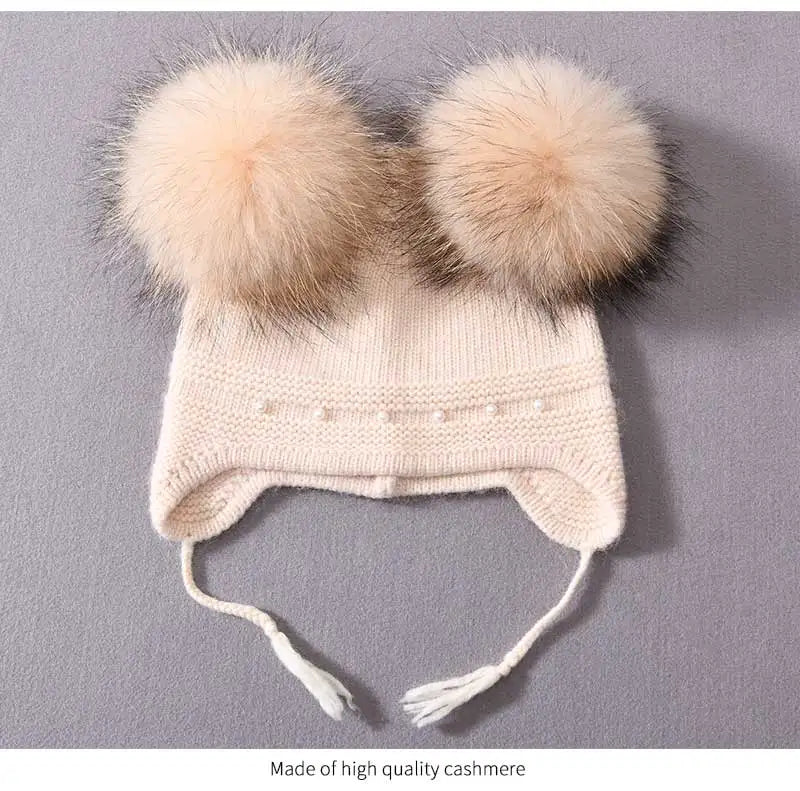 Winter Warm Cashmere with Raccon Pom-pom's and Pearl Edged Hat