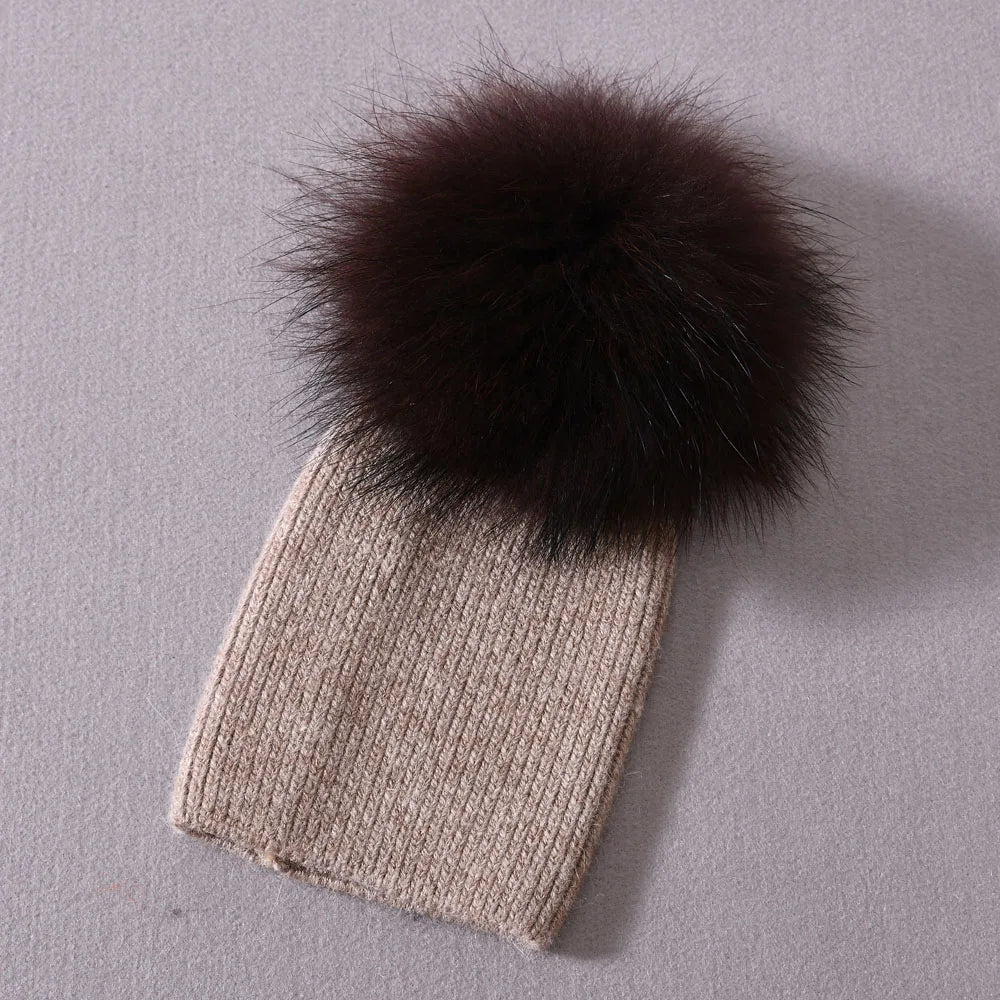 Newborn Winter Warm Cashmere Hat with Real Raccoon Fur Pom-Pom