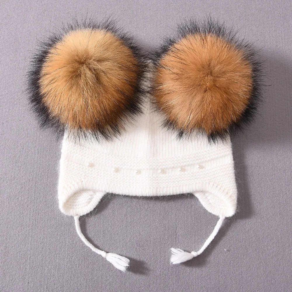 Winter Warm Cashmere with Raccon Pom-pom's and Pearl Edged Hat