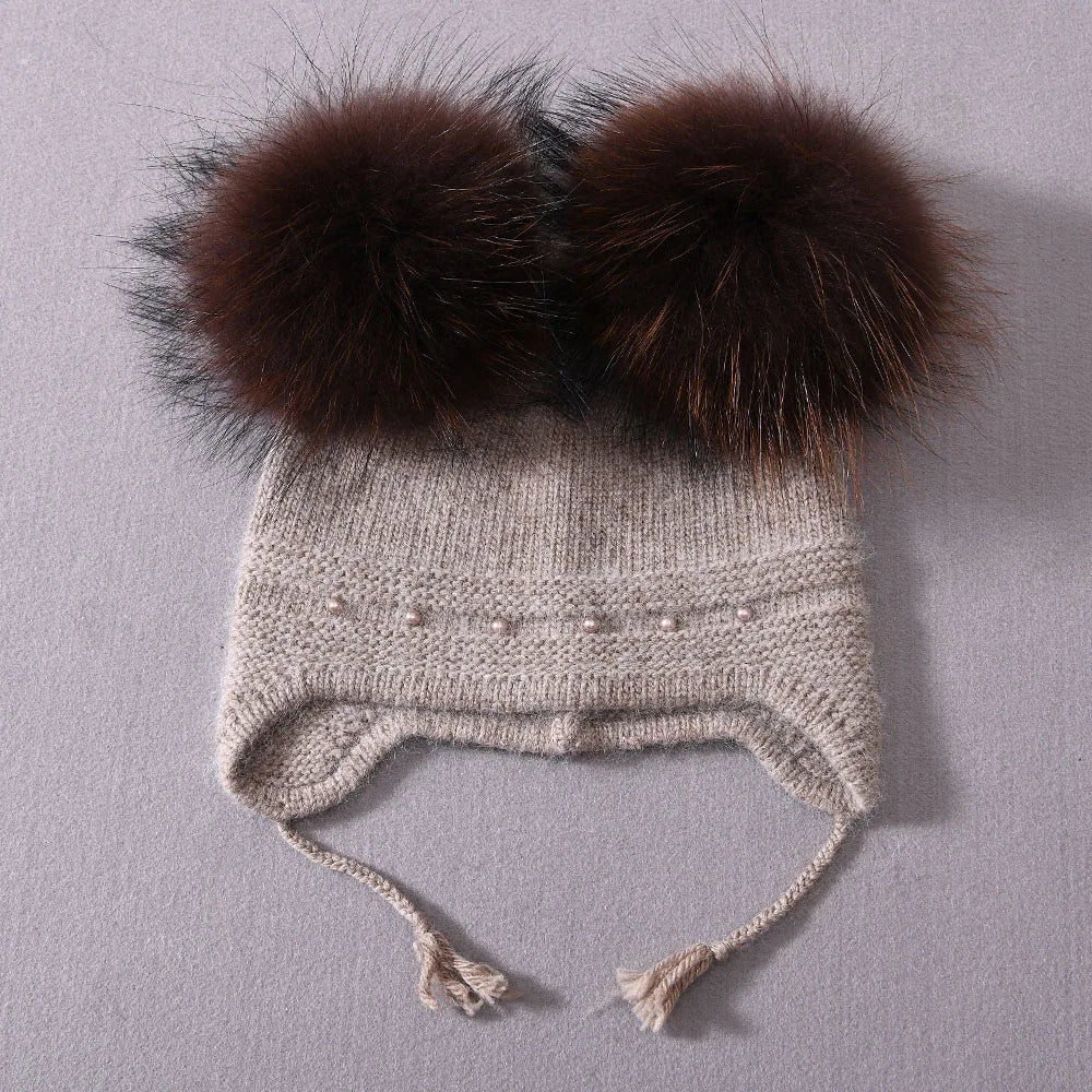 Winter Warm Cashmere with Raccon Pom-pom's and Pearl Edged Hat