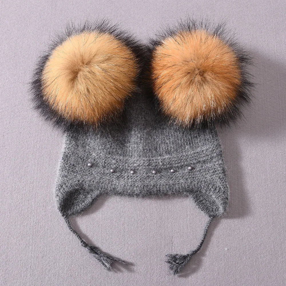 Winter Warm Cashmere with Raccon Pom-pom's and Pearl Edged Hat