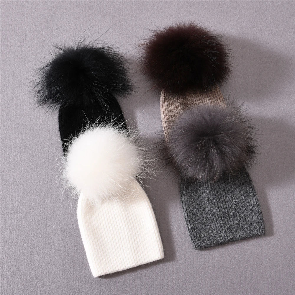 Newborn Winter Warm Cashmere Hat with Real Raccoon Fur Pom-Pom