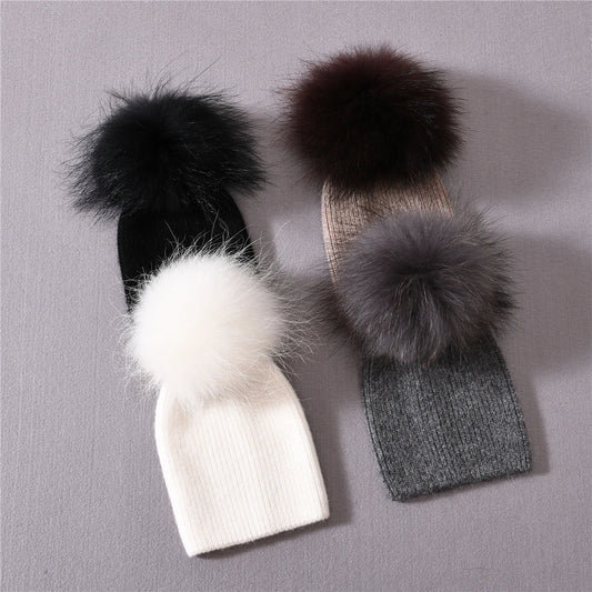 Newborn Winter Warm Cashmere Hat with Real Raccoon Fur Pom-Pom