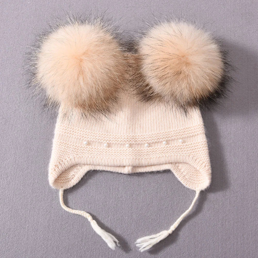 Winter Warm Cashmere with Raccon Pom-pom's and Pearl Edged Hat