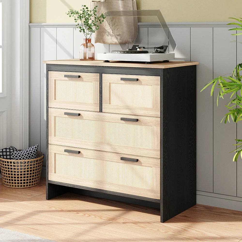 Beige Wooden Storage Cabinet with Rattan Drawer