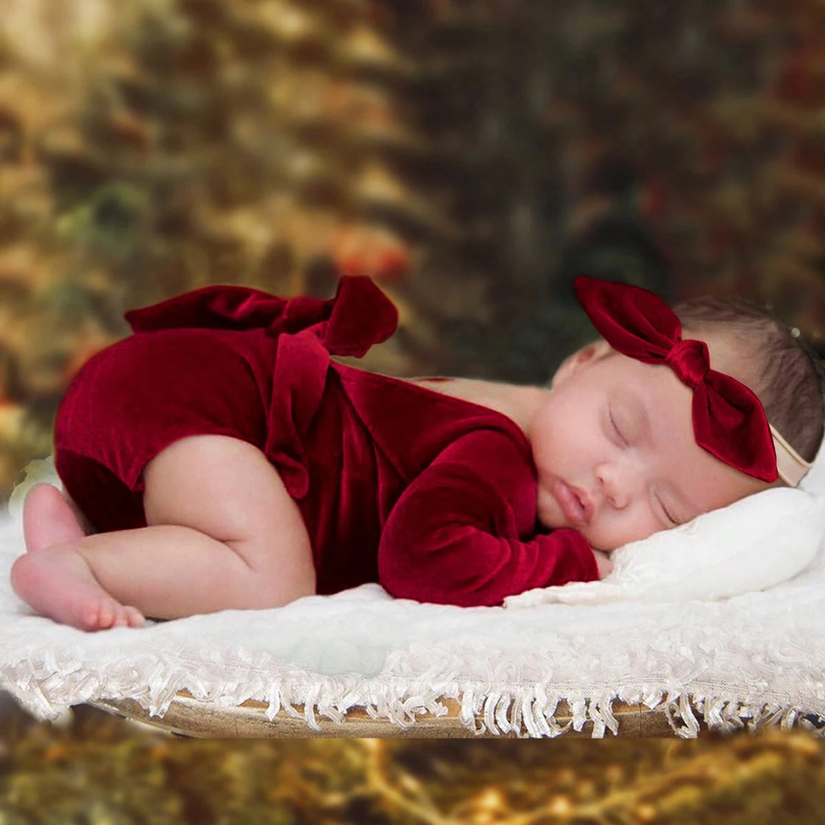 Christmas Collection, Photo Ready Burgundy Romper with Headband (Newborn)