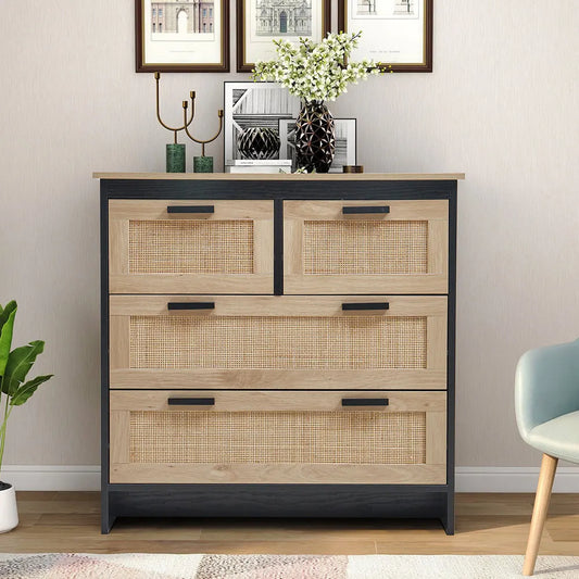 Beige Wooden Storage Cabinet with Rattan Drawer