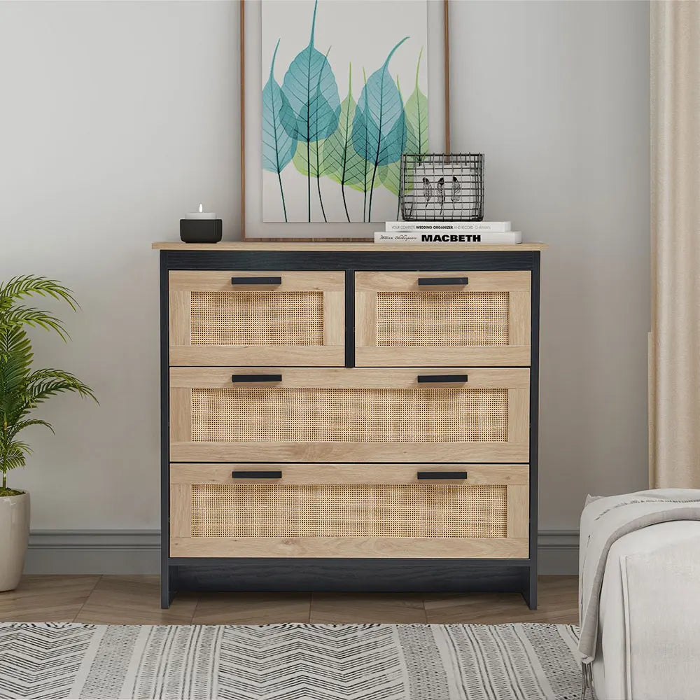 Beige Wooden Storage Cabinet with Rattan Drawer