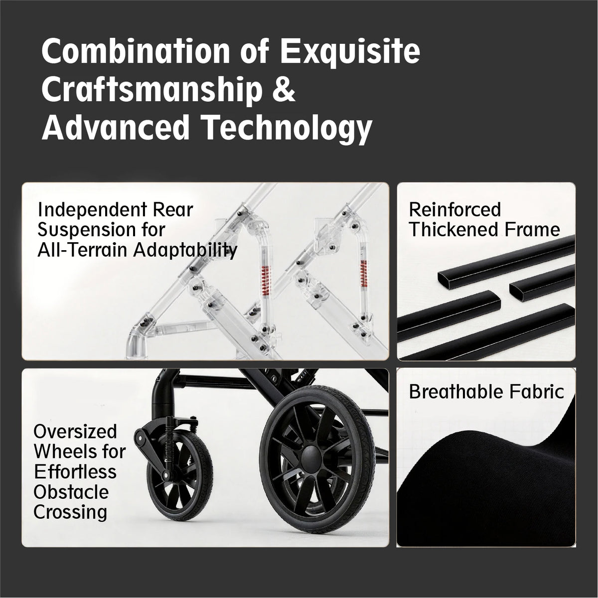 Noir Reversible Baby Stroller, Foldable Pram with Shock Absorption