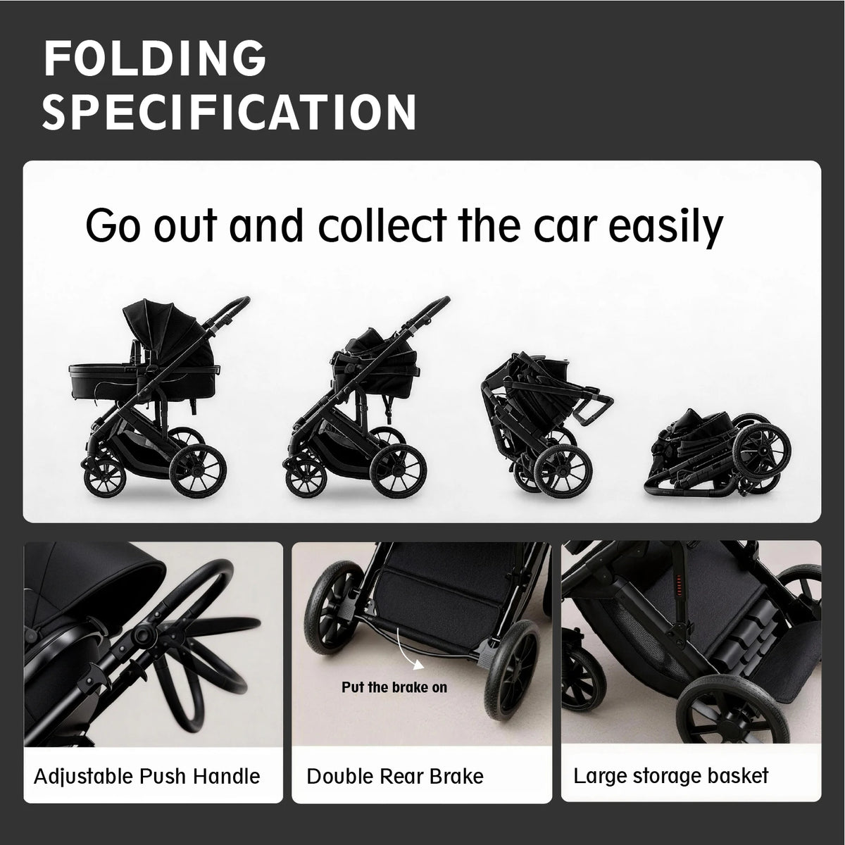 Noir Reversible Baby Stroller, Foldable Pram with Shock Absorption