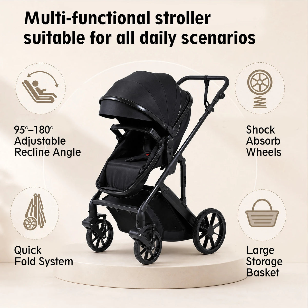 Noir Reversible Baby Stroller, Foldable Pram with Shock Absorption