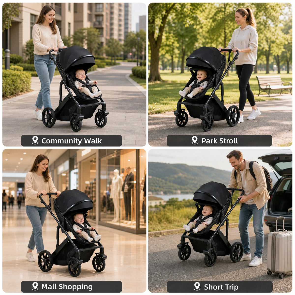 Noir Reversible Baby Stroller, Foldable Pram with Shock Absorption