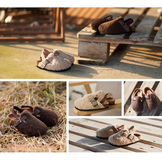 Children's Fleece Elastic Clogs Baby Boys Girls Plush Slipper Toddler Prewalker Footwear Winter Warm Soft Sole Shoes