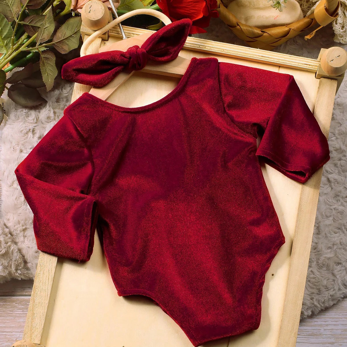 Christmas Collection, Photo Ready Burgundy Romper with Headband (Newborn)