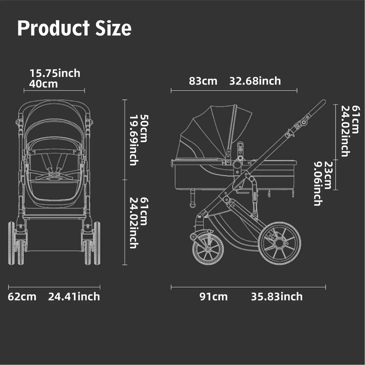 Noir Reversible Baby Stroller, Foldable Pram with Shock Absorption