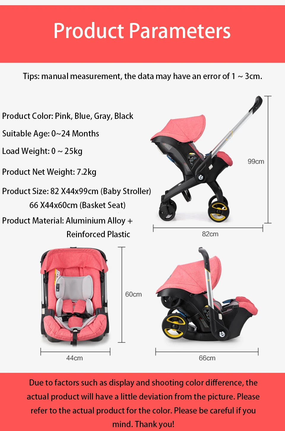 Baby Travel Stroller 3 in 1 With Car Seat/ Foldable Pram