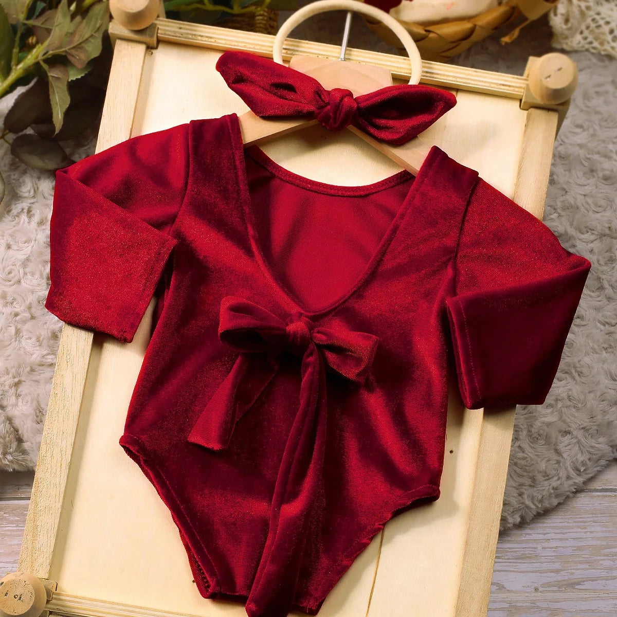 Christmas Collection, Photo Ready Burgundy Romper with Headband (Newborn)