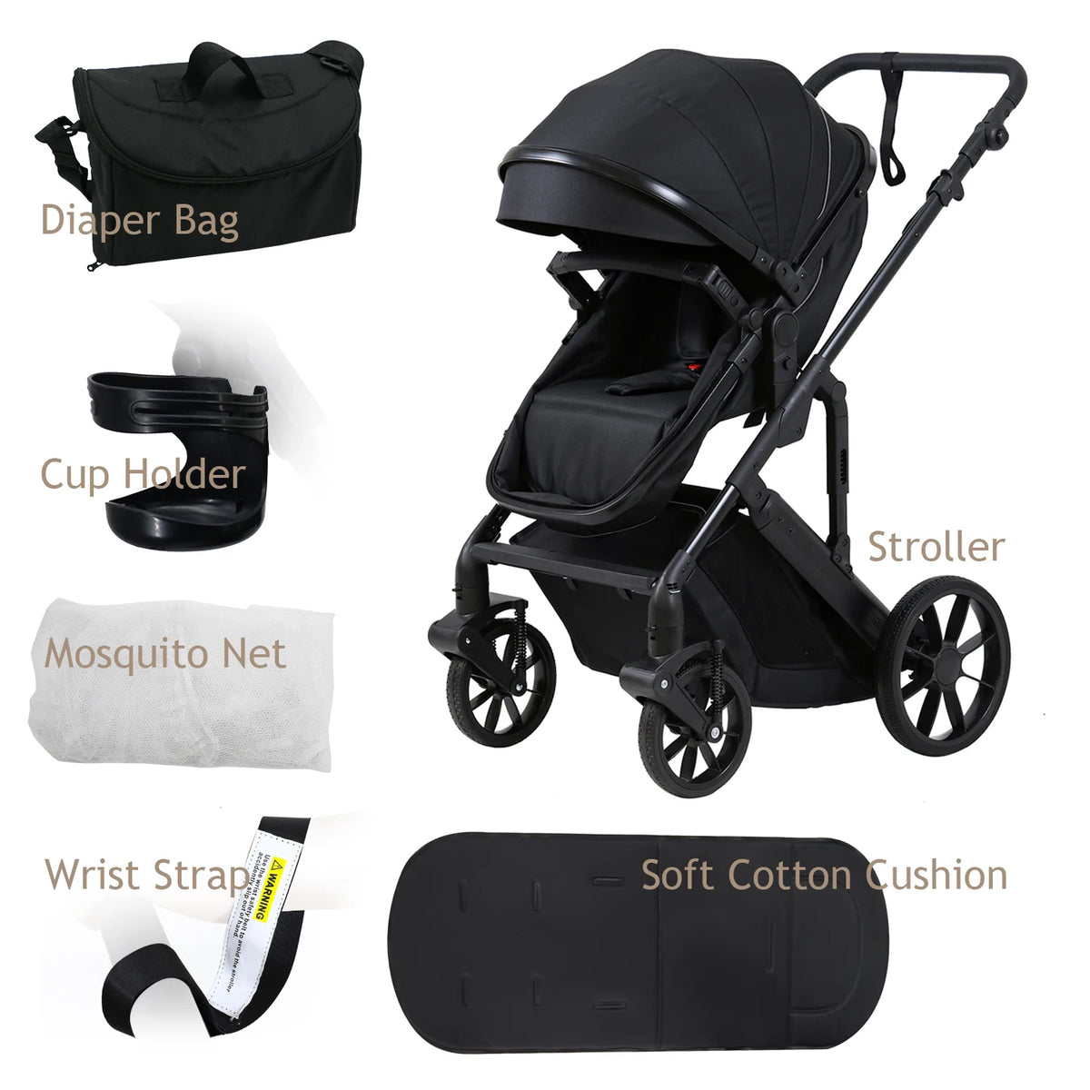 Noir Reversible Baby Stroller, Foldable Pram with Shock Absorption